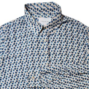 The Shirt by Rochelle Behrans Swirl Dot Light Career Top sz XL tan blue